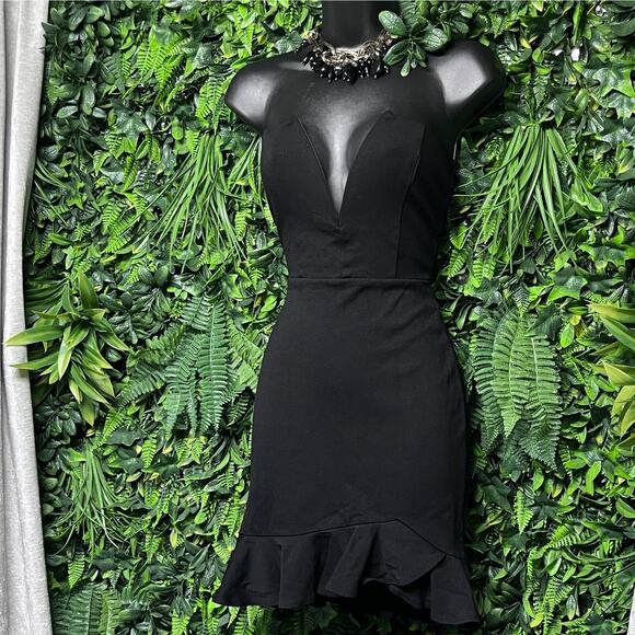 SUNSET SPRINGS Dress Women XS Black Strapless Plunging V Ruffle Hem Fitted 2640 - Picture 1 of 7